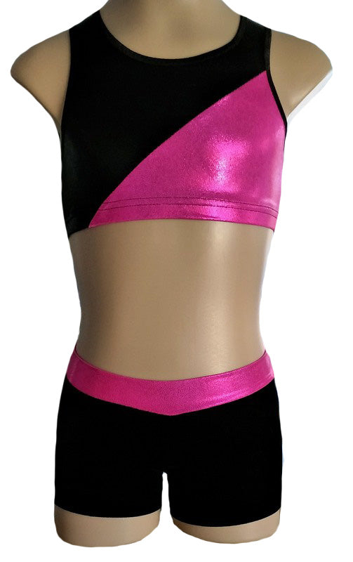 Pink Black Racerback Crop Top Velvet Lycra Shorts Set Gymnastics Dance Gym extremepromotionsllc