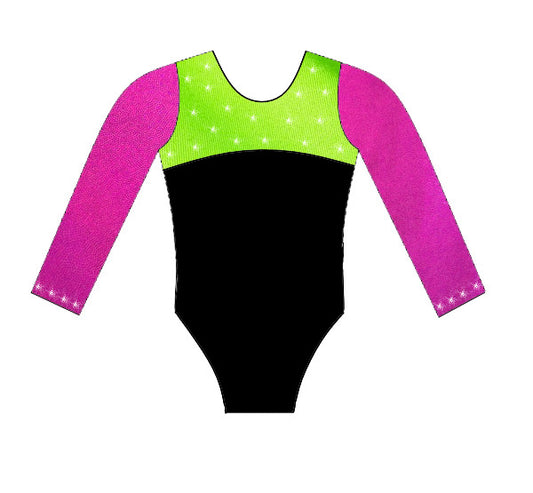 pink Lime black crystals Long sleeve competition leotard inspire xo